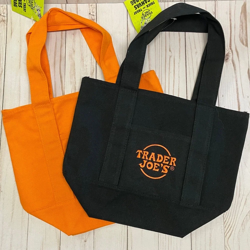 Trader Joes Mini Canvas Tote Small Grocery Shopping Bag Black & Orange Set 2 NEW